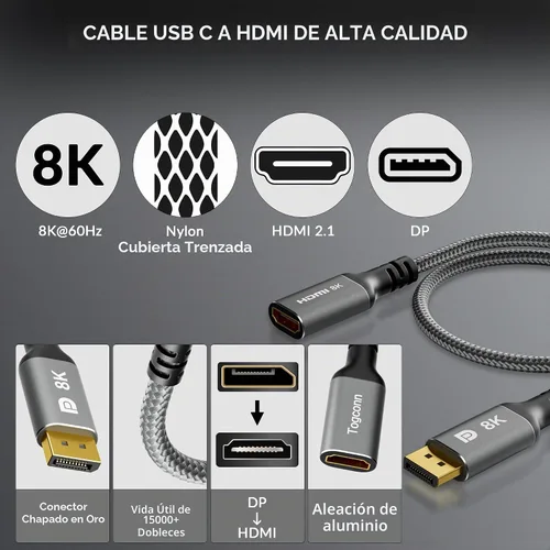 Vista 3 de Adaptador DisplayPort a HDMI de 8K, unidireccional DP 1.4 macho (fuente) a HDMI 2.1 hembra (pantalla), conector DP macho a HDMI 8K a 60Hz, 4K a