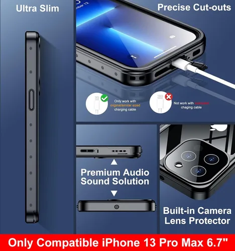 Vista 6 de SPIDERCASE Solo diseñada para el iPhone 13 Pro Max, funda impermeable, lente incorporada y protector de pantalla, protección completa de alta