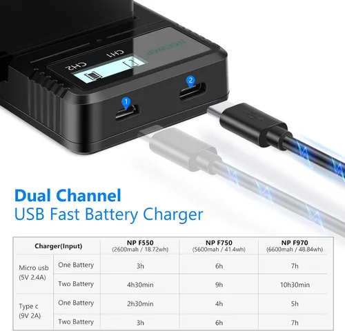 Vista 2 de Neewer Cargador USB dual compatible con batería de cámara Sony NP-F970 NP-F960 NP-F950 NP-F930 NP-F770 NP-F750 NP-F570 NP-F550, cargador de batería
