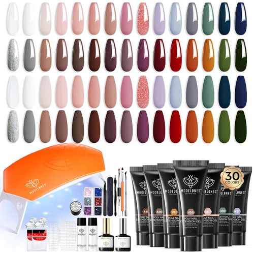 Vista 11 de Modelones Kit de uñas de poligel de 30 colores con lámpara de uñas de 8 W, rosa, amarillo, dorado, nude, formas de uñas, constructor de soluciones