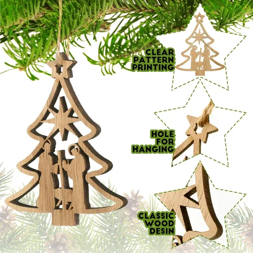 Vista 3 de Juego de 24 adornos de madera para árbol de Navidad, decoración religiosa del nacimiento de Jesús, decoración colgante para familia cristiana (forma)