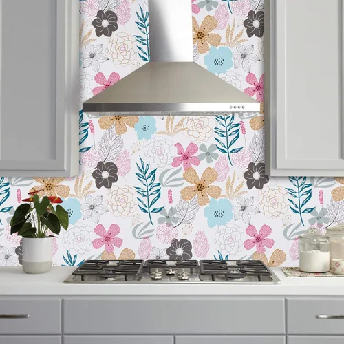 Vista 8 de Mecpar - Papel pintado floral de despegar y pegar - 17.71'' x 39.4 pies, flores perennes, impermeable, extraíble para baño o gabinete