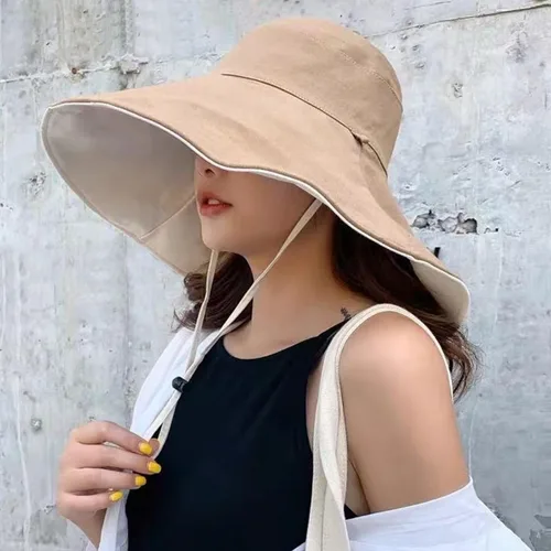 Vista 5 de Sombrero de ala ancha para mujer, de lino y algodón, reversible, ultra a la moda, sombrero de pescador de algodón para viajes, playa, al aire libre