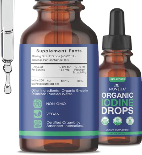 Vista 8 de NOVEHA Gotas de yodo orgánico para la salud de la tiroides y el apoyo al metabolismo, suplemento líquido de yoduro de potasio, 250 mcg por porción
