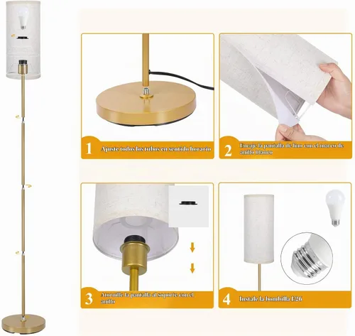 Vista 5 de Boostarea - Lámpara de pie para sala de estar con bombilla de 3 temperaturas de color, lámparas de pie industriales, lámpara alta clásica dorada