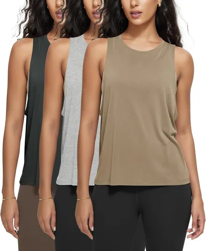 Vista 7 de ODODOS Paquete de 3 camisetas sin mangas sueltas para mujer, camisetas sin mangas para gimnasio, atletismo, entrenamiento, camisetas de yoga
