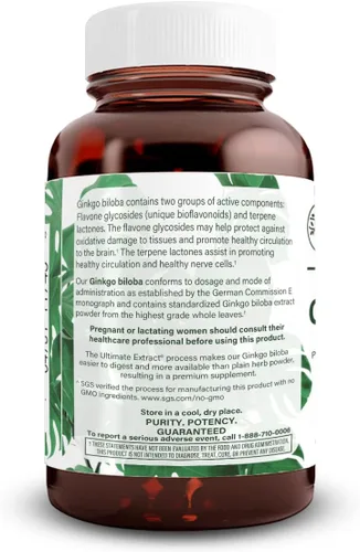 Vista 3 de Natural Nutra Ginkgo Biloba, mejora la circulación al cerebro y aumenta la memoria, aumenta el flujo de oxígeno y mejora la función cerebral, vegano