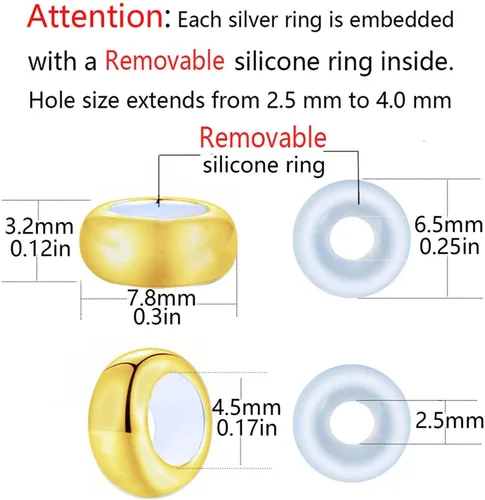 Vista 2 de Abalorio de plata de ley con clip de tope para pulseras, cuenta espaciadora redonda (plata)