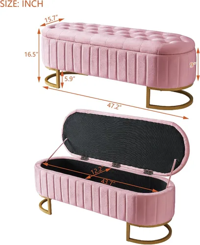 Vista 2 de SOFTSEA Otomana otomana de almacenamiento tapizada rosa, banco otomano de almacenamiento con botones y patas de metal para dormitorio, extremo