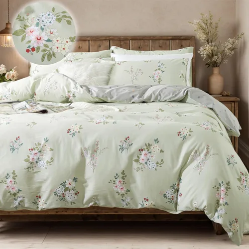 Vista 11 de FADFAY Juego de funda de edredón floral 100% algodón a rayas verdes y beige, ropa de cama de flores desgastadas con diseño de ramas botánicas