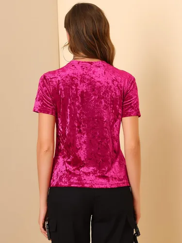 Vista 5 de Allegra K Camiseta casual de terciopelo de Navidad para mujer, cuello redondo, manga corta