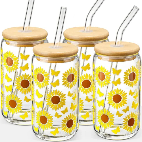 Vista 9 de DWTS DANWEITESI Vasos de vidrio con tapas y pajitas, 4 piezas, juego de vasos de 16 onzas para accesorios de barra de café, tazas de café helado