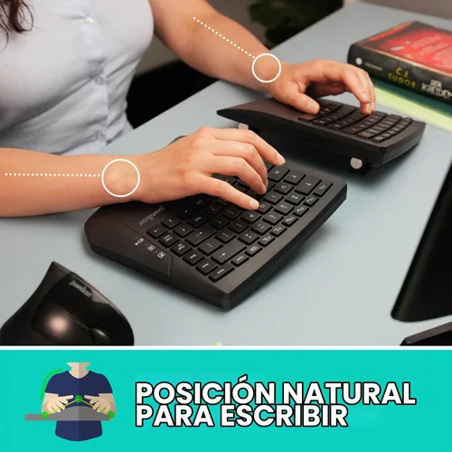 Vista 3 de Perixx PERIBOARD-624B US, teclado inalámbrico ergonómico dividido, separación de hasta 30 pies, ángulo de inclinación ajustable, teclas de membrana