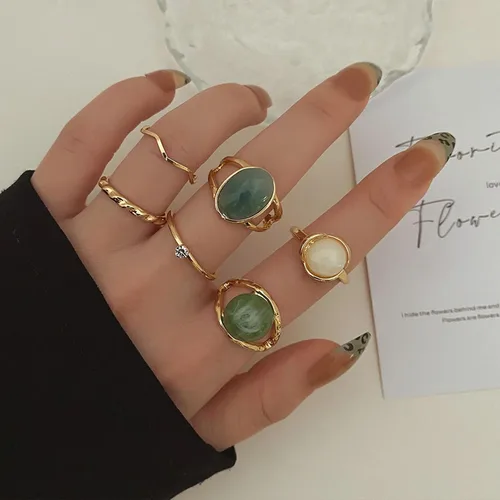 Vista 3 de Juego de 6 anillos de diamantes de imitación dorados y verdes para mujer, anillo de piedra preciosa natural, anillo de buena suerte, anillos verdes
