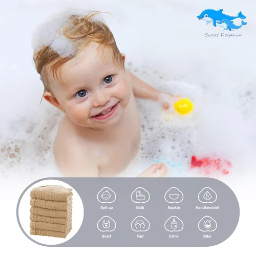 Vista 2 de SWEET DOLPHIN Paquete de 12 Paños de Muselina para Bebé - Paños Faciales Suaves para Recién Nacidos, Paños de Baño Absorbentes para Lavar