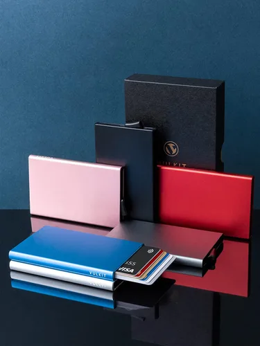 Vista 24 de VULKIT Cartera desplegable, soporte minimalista para tarjetas de crédito, bloqueo RFID, funda de metal delgada para hombres