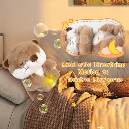 Vista 10 de LUKETURE Peluche de nutria respiratoria con movimiento rítmico, luz nocturna suave y ruido blanco, compañero de peluche calmante para relajación