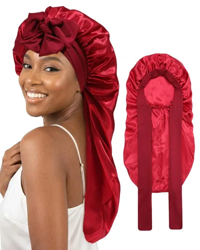 Vista 23 de AWAYTR Gorro largo de satén para mujer, gorro de seda elástica de doble capa para trenzas, gorro de dormir con banda de amarre (negro)