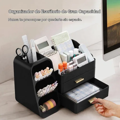 Vista 2 de HBlife Organizador de escritorio con soporte para lápices para escritorio, organizador de bolígrafos con 2 cajones, organizadores de escritorio