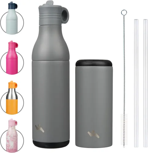 Vista 15 de Konokyo Botella de agua de acero inoxidable de 13 onzas con pajilla, aislada, botella de viaje de metal reutilizable con parte inferior extraíble