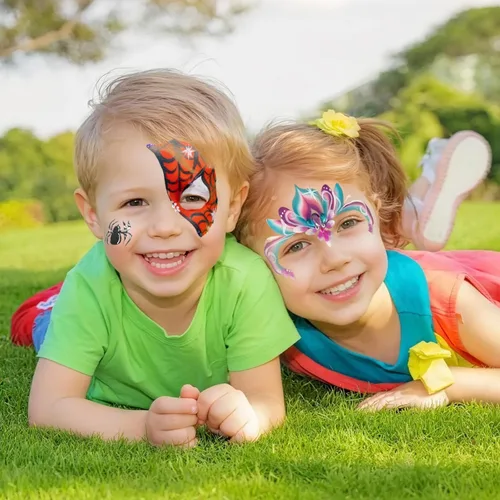 Vista 7 de Kit de pintura facial Drawdart para niños - 15 colores de pintura facial no tóxica a base de agua con plantillas y brochas - Kit de maquillaje