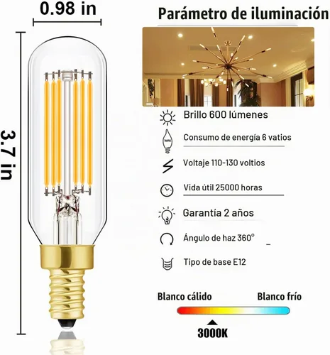 Vista 7 de Leools Bombilla LED E12 regulable de 6 W igual a 60 W, luz blanca suave 3000K T6 T25 E12 bombilla de candelabro de 60 vatios para candelabros