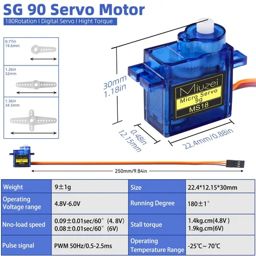 Vista 3 de Sg90 0.32 oz Micro Servo Motor para Arduino RC Coche Robot Barco Avión 3 Unids Mini, Small, 9 Gram, Metal Gear, Digital, 180 Degree, Steering
