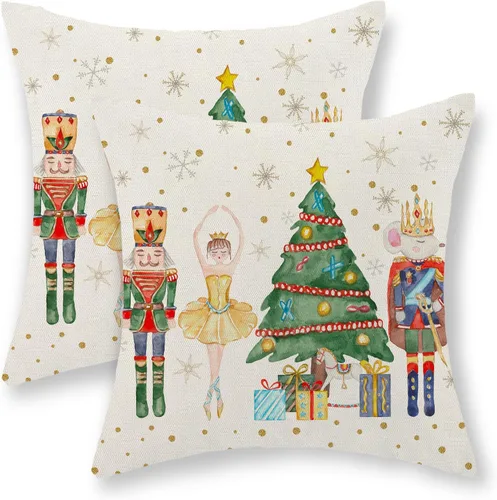 Vista 46 de Juego de 2 fundas de almohada navideñas de 16 x 16 pulgadas, fundas de almohada de lino color rojo con diseño de alces y ciervos de invierno