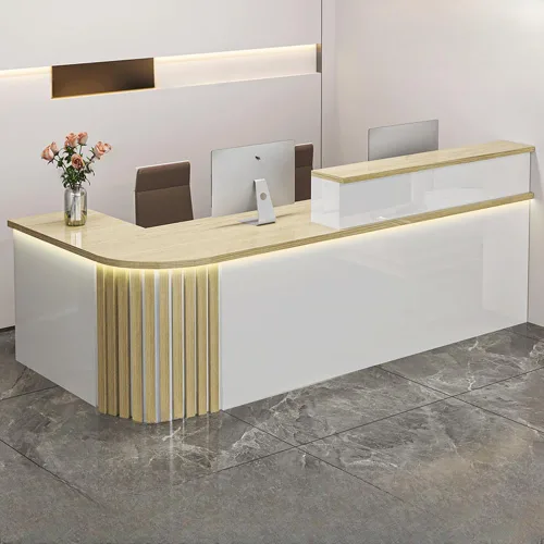 Vista 9 de LITFAD Recepción de computadora en forma de L - Escritorio de recepción de madera fabricada con gabinete, gestión de cables y bandeja para teclado