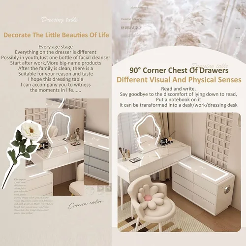 Vista 4 de Tocador con espejo con luces, mesa de tocador con cajones, mesa de maquillaje blanca, 3 modos de iluminación de brillo ajustable, para dormitorio