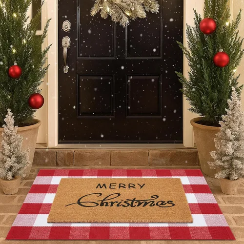 Vista 12 de Juego de tapetes de puerta de Navidad - Tapete de bienvenida 100% fibra de coco + alfombra a cuadros roja y negra de 28 x 43 pulgadas, juego