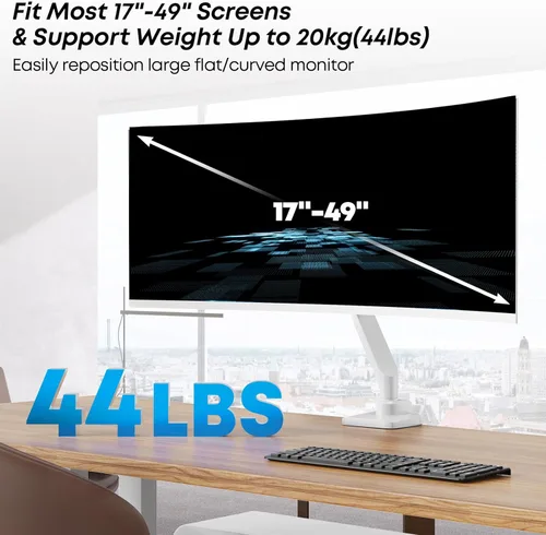 Vista 2 de Brazo de monitor de alta resistencia para pantallas de 17 a 49 pulgadas de hasta 44 libras, soporte de escritorio de abrazadera única ultraancho