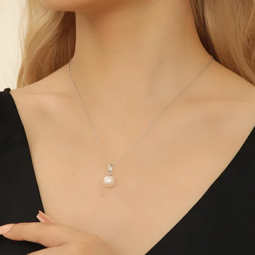 Vista 3 de AAA+ - Collar con colgante de perlas de agua dulce de calidad para mujer, cuentas redondas de perlas blancas en cadena de plata de ley 925cadena
