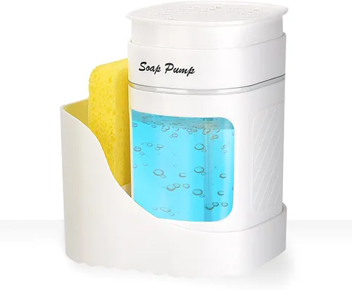 Vista 7 de Dispensador de jabón para platos 3 en 1 con soporte de esponja para fregadero de cocina (incluye una esponja), juego de dispensador de jabón de Negro