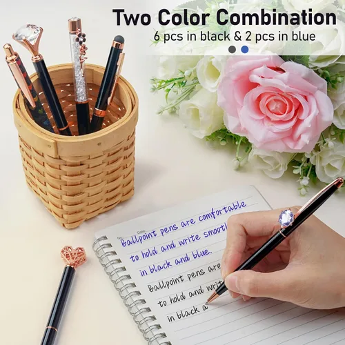 Vista 4 de WEMATE - Juego de 8 bolígrafos de metal con cristales y diamantes, con purpurina para diario, brillo negro en tinta negra y azul, elegantes