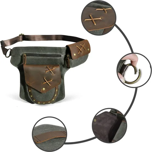 Vista 4 de Handadsume Lona resistente al agua más cuero motocicleta riñonera un hombro gota pierna muslo bolsa para hombres mujeres N211-8, El Verde Ejército
