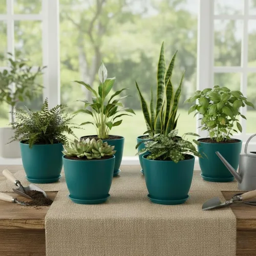 Vista 7 de Vanslogreen Macetas de 8 pulgadas, juego de 6, macetas con agujeros de drenaje y platillo, macetas de jardín de plástico para plantas