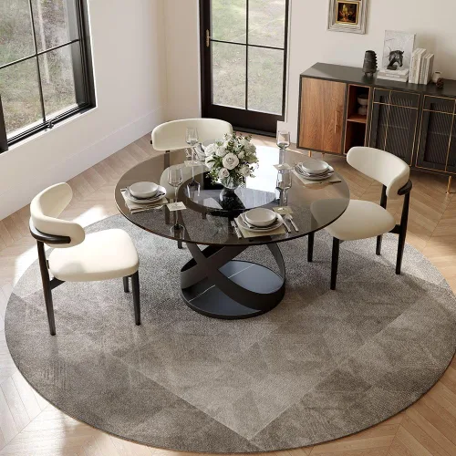 Vista 13 de POVISON Juego de 4 sillas de comedor redondas de lino y algodón con mesa de comedor de vidrio (mesa de comedor de 51 pulgadas + 4 sillas)