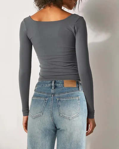 Vista 4 de Beumissy Camisas básicas de manga larga con cuello cuadrado para mujer, ajustadas, con doble forro