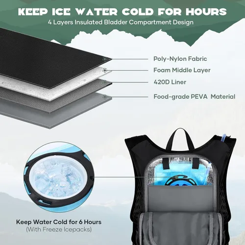 Vista 3 de Maelstrom Lightweight Hydration Hiking Backpack with 2L/3L Water Bladder BPA-free, High Flow Bite, Insulated Compartment, Reflective Strip