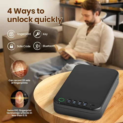 Vista 2 de Caja fuerte para armas, caja fuerte portátil de pistola pequeña con control de APP mejorado, estuche de viaje, cajas fuertes biométricas para armas