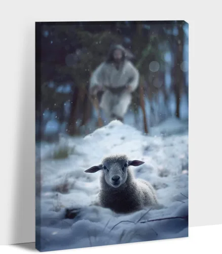 Vista 38 de Arte de pared en lienzo de Jesús y Cordero, Arte de pared en lienzo de Jesús abrazando a un cordero fangoso, Arte de pared cristiano para decoración