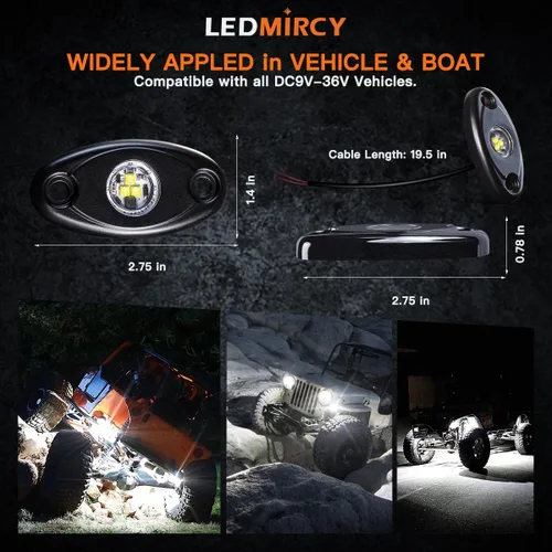 Vista 6 de LEDMIRCY Luces LED de roca, color blanco, 2 piezas para todoterreno, camiones, coches, barcos, ATV, SUV, RZR, impermeables, de alta potencia, luces