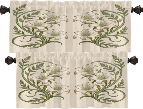 Vista 39 de Shrahala Art Nouveau Floral Pattern Blackout Curtain Tiers, Delicate Vine and Flower Design Kitchen Valance Light Blocking Tier Drapes with Rod