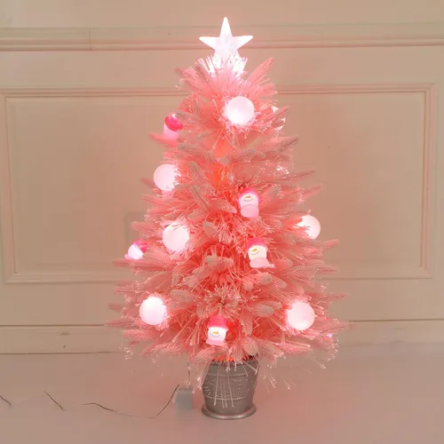 Vista 2 de Árbol de Navidad de fibra óptica rosa preiluminado, decorado con muñeco de nieve y bolas de Navidad (3 pies)