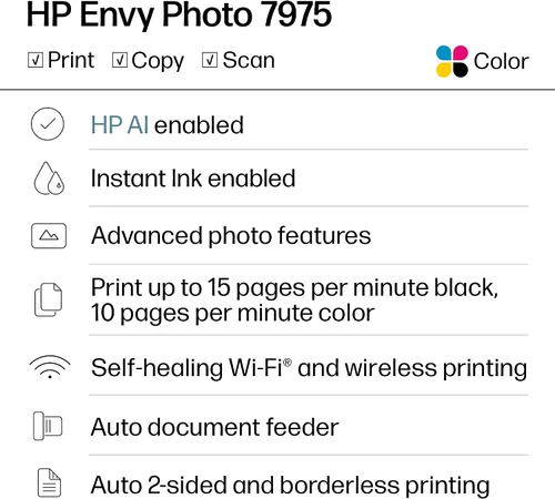 Vista 2 de HP Envy Photo 7975 Impresora fotográfica inalámbrica de inyección de tinta a color, imprimir, escanear, copiar, fácil configuración, impresión
