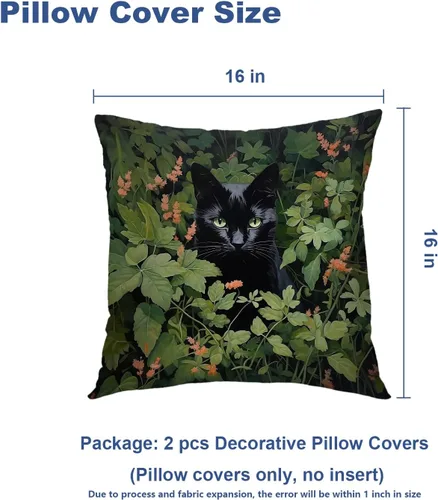Vista 5 de Batmerry Fundas de almohada decorativas con estampado digital de hojas verdes y gatos negros con estampado digital para sofá, cama, cremallera