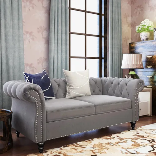 Vista 44 de QHITTY Sofá grande Accent, sofá Chesterfield de 3 plazas moderno de cuero, sofá tapizado con respaldo copetudo para muebles de sala de estar (negro)