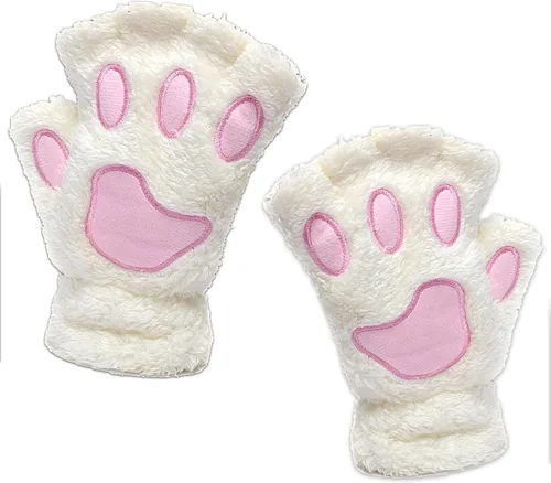 Vista 6 de Juego de guantes de piel sintética con cuello y gargantilla de orejas y cola de gato, zorro, lobo, diadema de gatos peludos, disfraz de Halloween