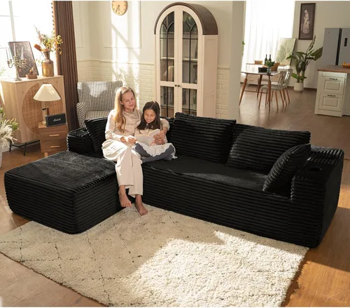 Vista 2 de Sofá modular en forma de L de 106 pulgadas con diván, sofá de pana sin hueso con reposabrazos anchos y portavasos para sala de estar y dormitorio